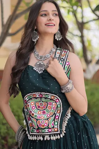 D Green Rayon Readymade Navratri Lehenga Choli with Mirror Gamthi Work