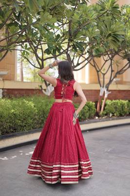 Red Rayon Readymade Navratri Lehenga Choli with Mirror Gamthi Work 4