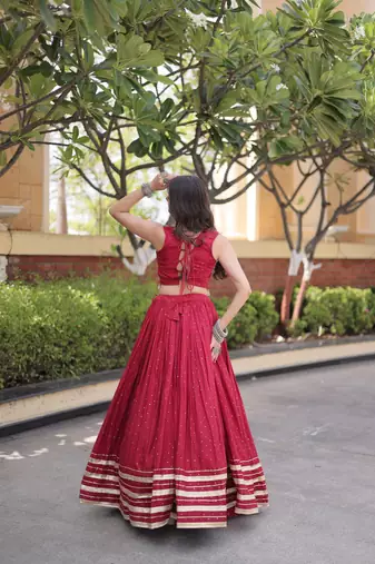 Red Rayon Readymade Navratri Lehenga Choli with Mirror Gamthi Work