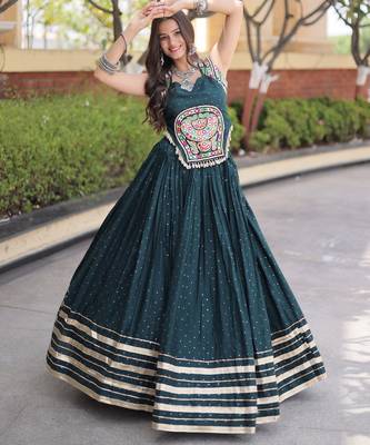 D Green Rayon Readymade Navratri Lehenga Choli with Mirror Gamthi Work 3