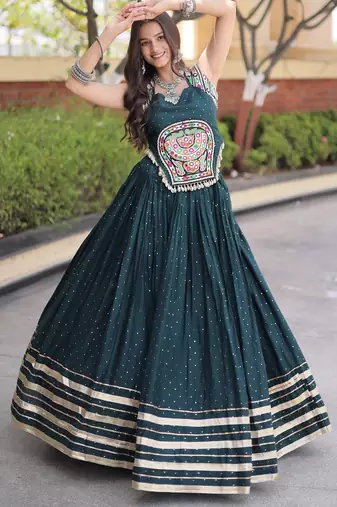 D Green Rayon Readymade Navratri Lehenga Choli with Mirror Gamthi Work