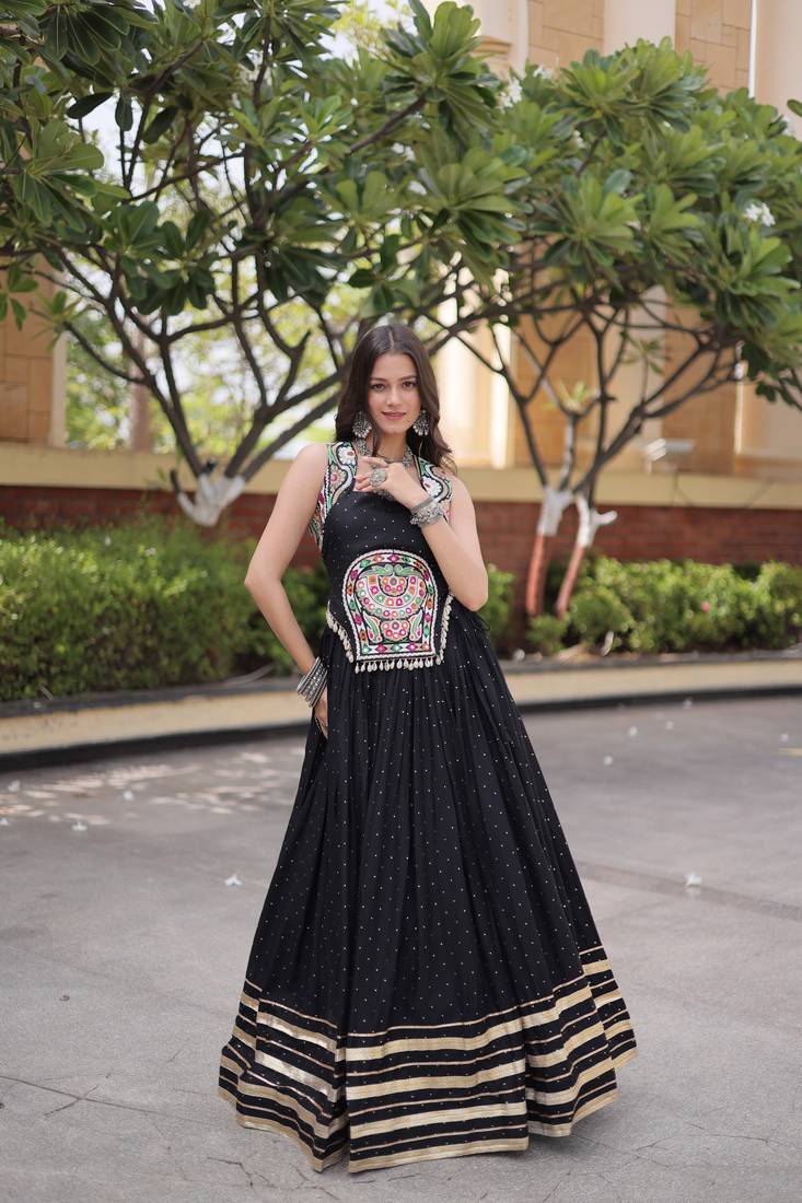 Black Rayon Readymade Navratri Lehenga Choli with Mirror Gamthi Work