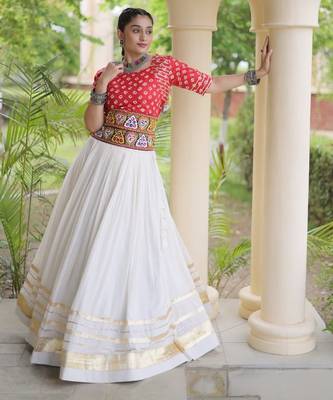 Rani&White Cotton Readymade Navratri Lehenga Choli with Bandhej & Embroidery Work 1