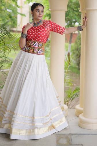 Rani&White Cotton Readymade Navratri Lehenga Choli with Bandhej & Embroidery Work