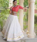 Rani&White Cotton Readymade Navratri Lehenga Choli with Bandhej & Embroidery Work