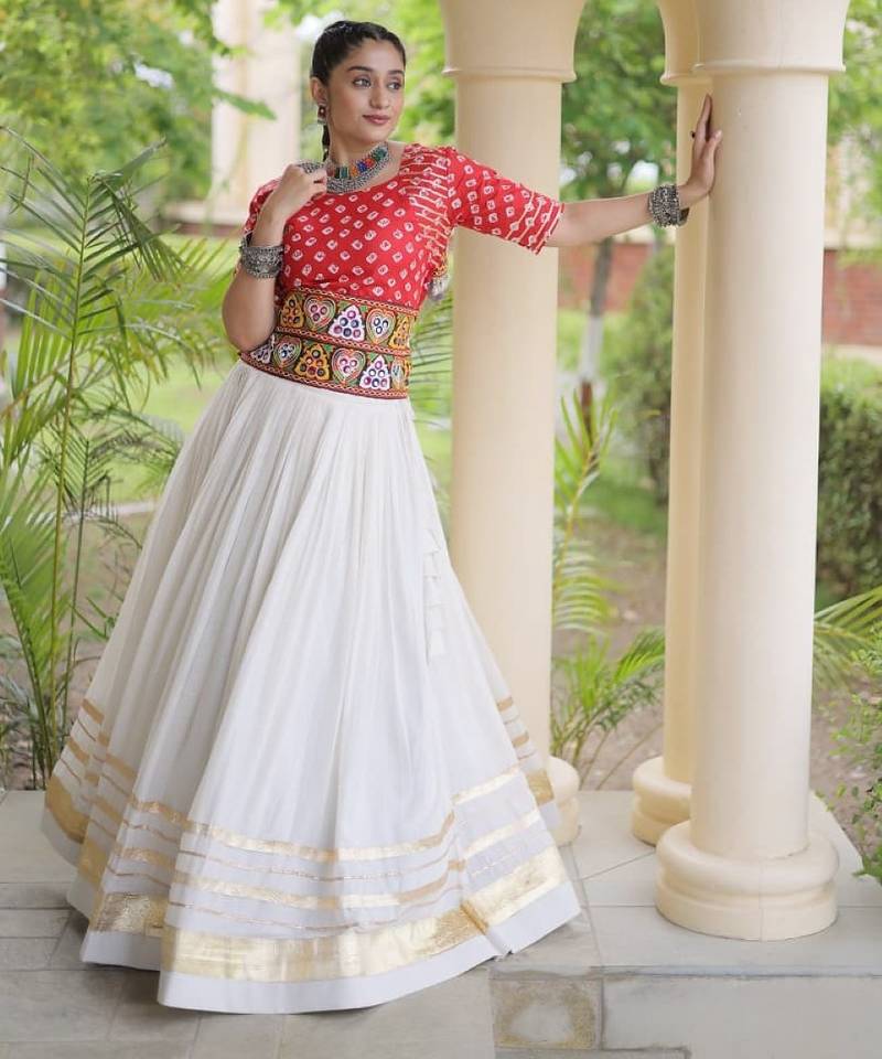 Rani&White Cotton Readymade Navratri Lehenga Choli with Bandhej & Embroidery Work