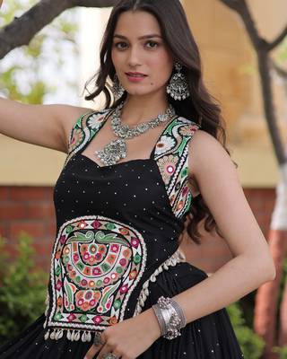 Black Rayon Readymade Navratri Lehenga Choli with Mirror Gamthi Work 2