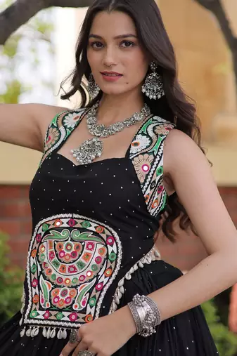 Black Rayon Readymade Navratri Lehenga Choli with Mirror Gamthi Work