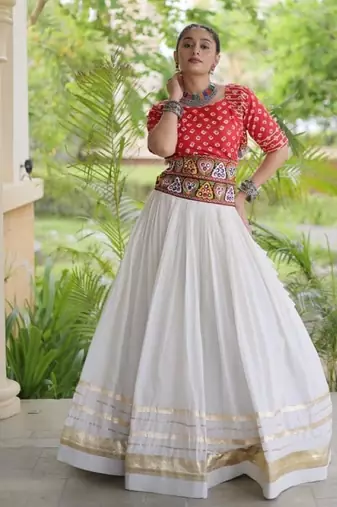 Rani&White Cotton Readymade Navratri Lehenga Choli with Bandhej & Embroidery Work