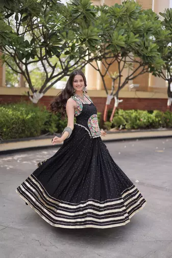 Black Rayon Readymade Navratri Lehenga Choli with Mirror Gamthi Work