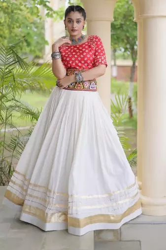 Rani&White Cotton Readymade Navratri Lehenga Choli with Bandhej & Embroidery Work
