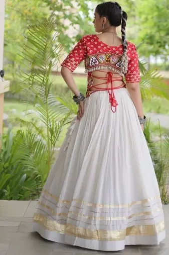 Rani&White Cotton Readymade Navratri Lehenga Choli with Bandhej & Embroidery Work