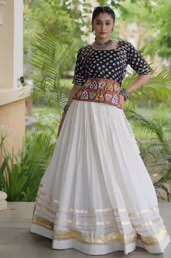 Black&White Cotton Readymade Navratri Lehenga Choli with Bandhej & Embroidery Work