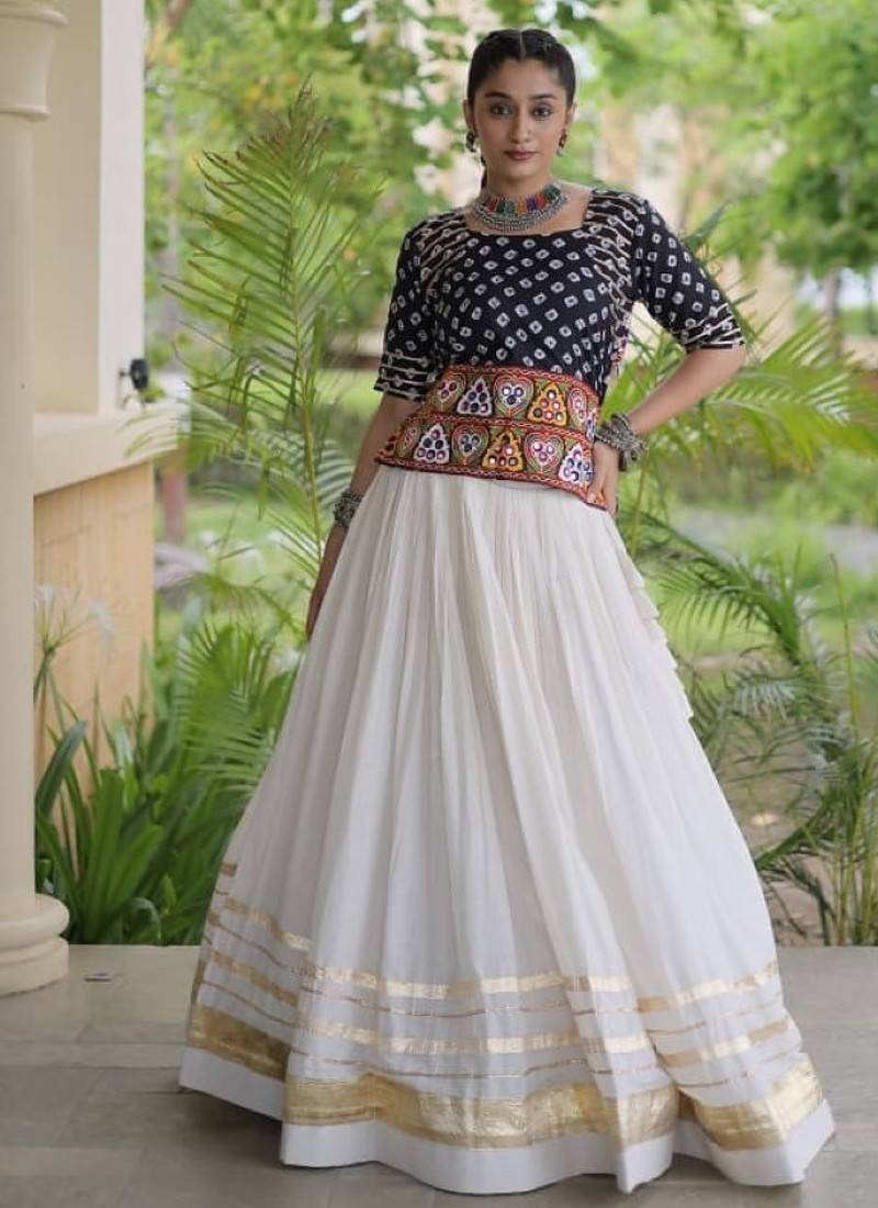 Black&White Cotton Readymade Navratri Lehenga Choli with Bandhej & Embroidery Work