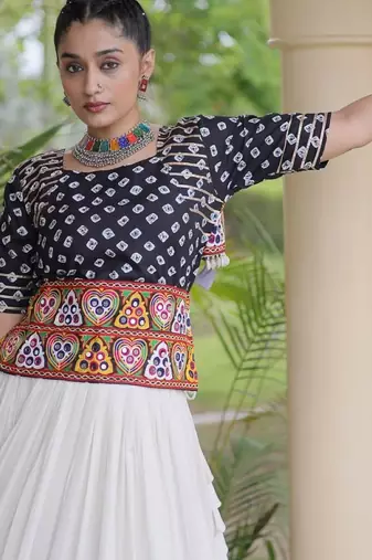 Black&White Cotton Readymade Navratri Lehenga Choli with Bandhej & Embroidery Work