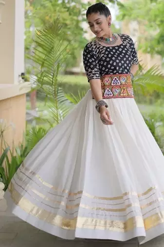 Black&White Cotton Readymade Navratri Lehenga Choli with Bandhej & Embroidery Work