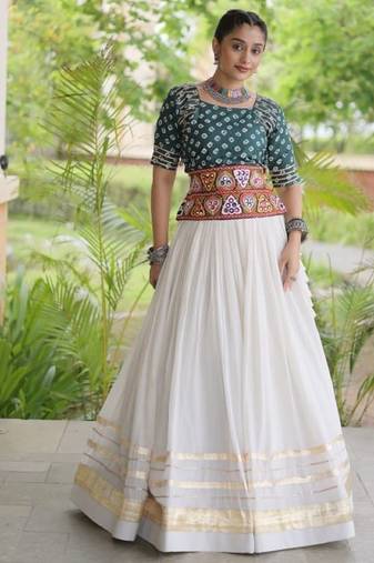 Green&White Cotton Readymade Navratri Lehenga Choli with Bandhej & Embroidery Work