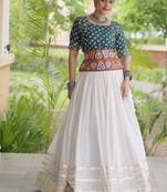 Green&White Cotton Readymade Navratri Lehenga Choli with Bandhej & Embroidery Work