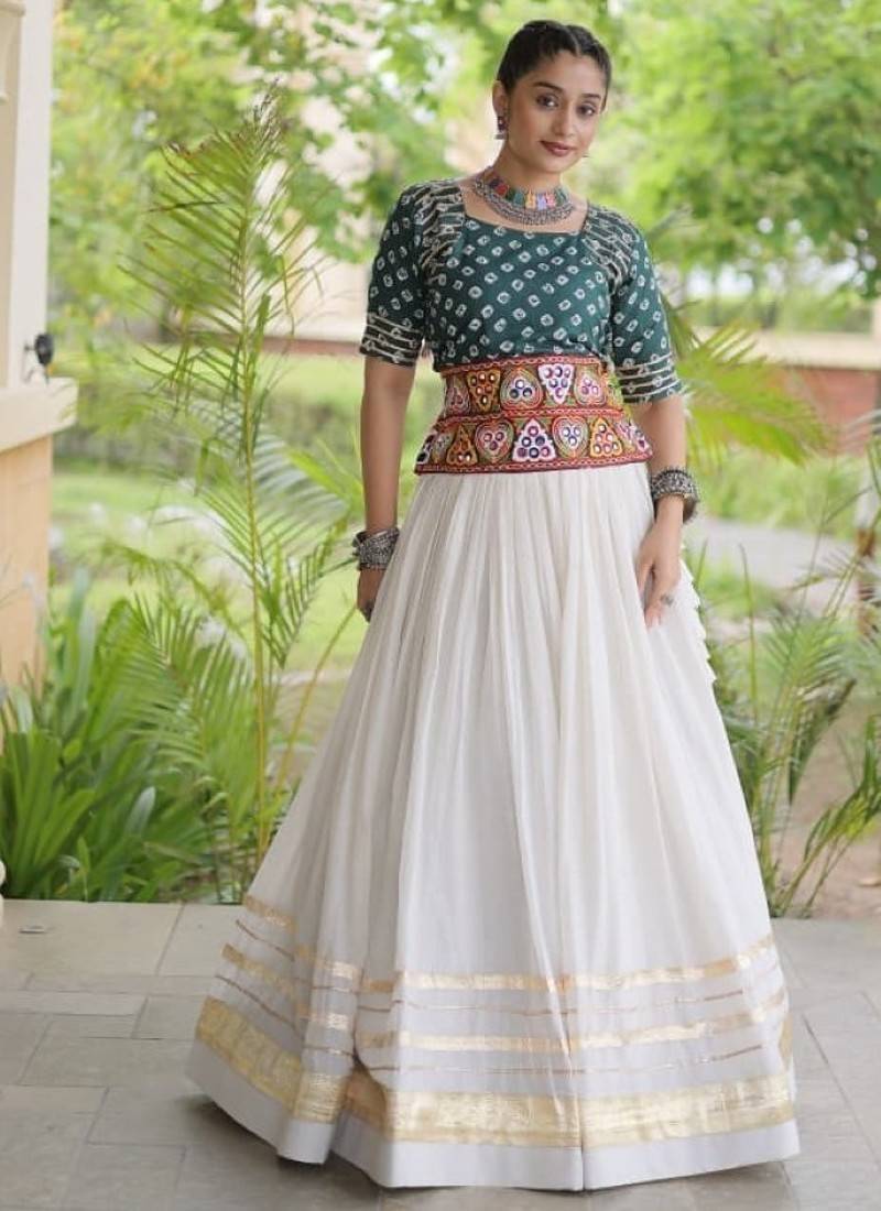 Green&White Cotton Readymade Navratri Lehenga Choli with Bandhej & Embroidery Work