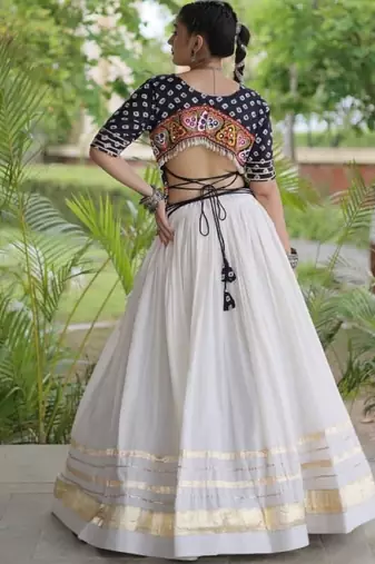 Black&White Cotton Readymade Navratri Lehenga Choli with Bandhej & Embroidery Work