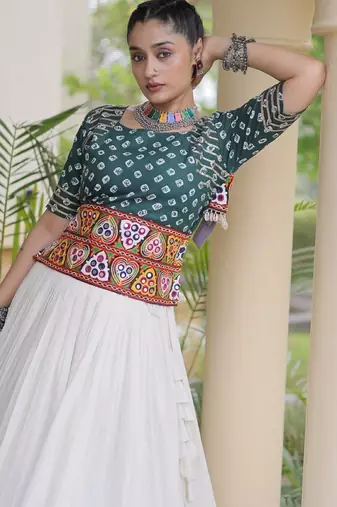 Green&White Cotton Readymade Navratri Lehenga Choli with Bandhej & Embroidery Work