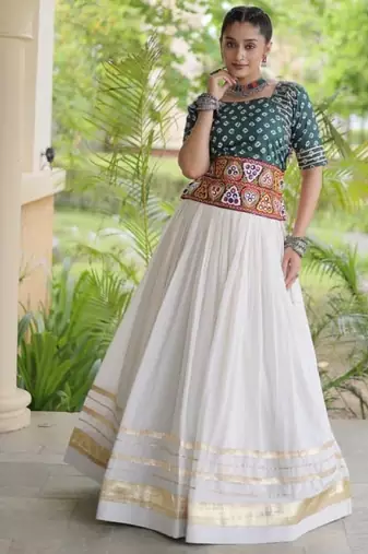 Green&White Cotton Readymade Navratri Lehenga Choli with Bandhej & Embroidery Work