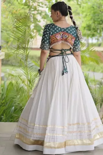 Green&White Cotton Readymade Navratri Lehenga Choli with Bandhej & Embroidery Work