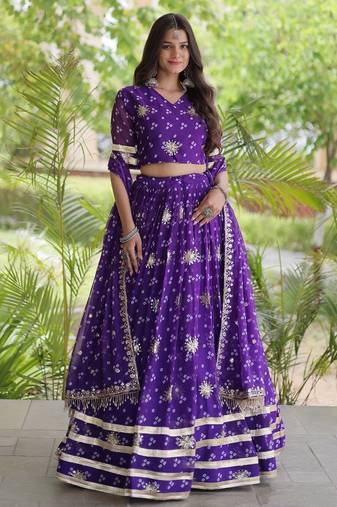 Violet Georgette Readymade Navratri Lehenga Choli with Bandhej & Embroidery Work