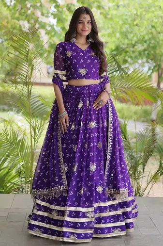 Violet Georgette Readymade Navratri Lehenga Choli with Bandhej & Embroidery Work