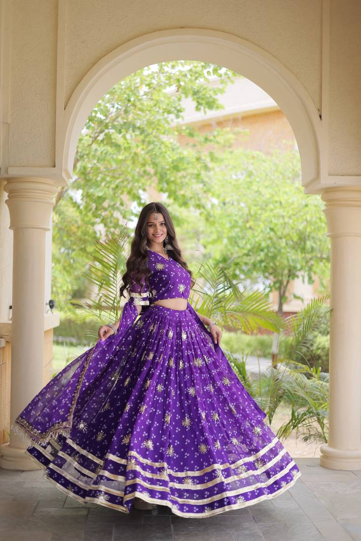 Violet Georgette Readymade Navratri Lehenga Choli with Bandhej & Embroidery Work