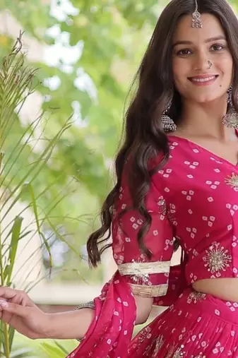 Rani Georgette Readymade Navratri Lehenga Choli with Bandhej & Embroidery Work