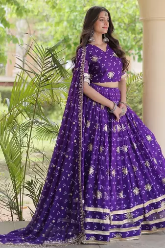 Violet Georgette Readymade Navratri Lehenga Choli with Bandhej & Embroidery Work