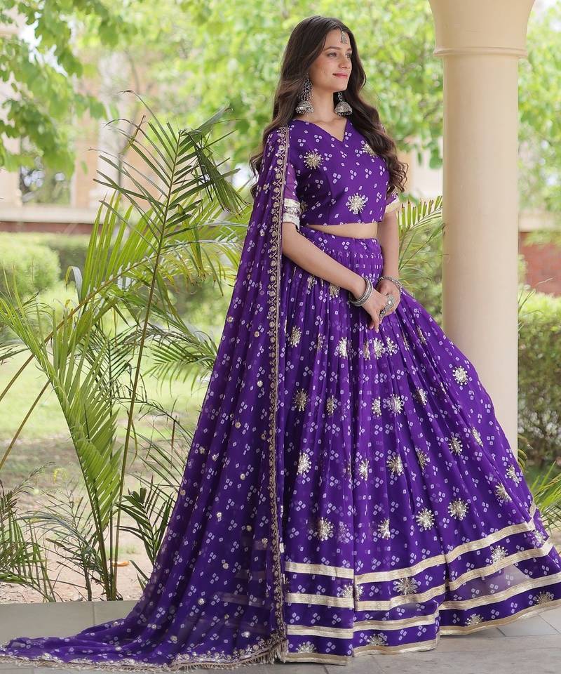 Violet Georgette Readymade Navratri Lehenga Choli with Bandhej & Embroidery Work
