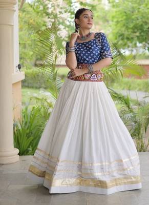 Blue&White Cotton Readymade Navratri Lehenga Choli with Bandhej & Embroidery Work 1