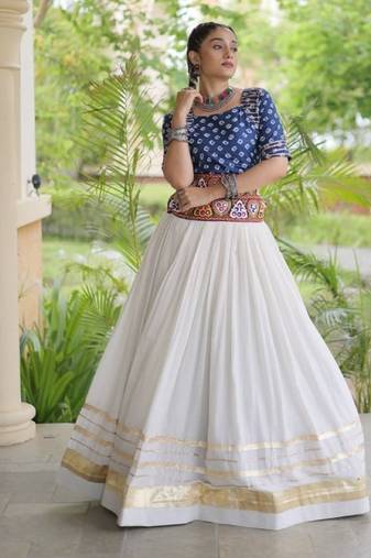 Blue&White Cotton Readymade Navratri Lehenga Choli with Bandhej & Embroidery Work