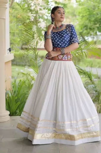 Blue&White Cotton Readymade Navratri Lehenga Choli with Bandhej & Embroidery Work