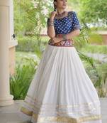 Blue&White Cotton Readymade Navratri Lehenga Choli with Bandhej & Embroidery Work