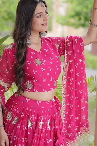 Rani Georgette Readymade Navratri Lehenga Choli with Bandhej & Embroidery Work