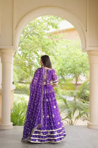 Violet Georgette Readymade Navratri Lehenga Choli with Bandhej & Embroidery Work