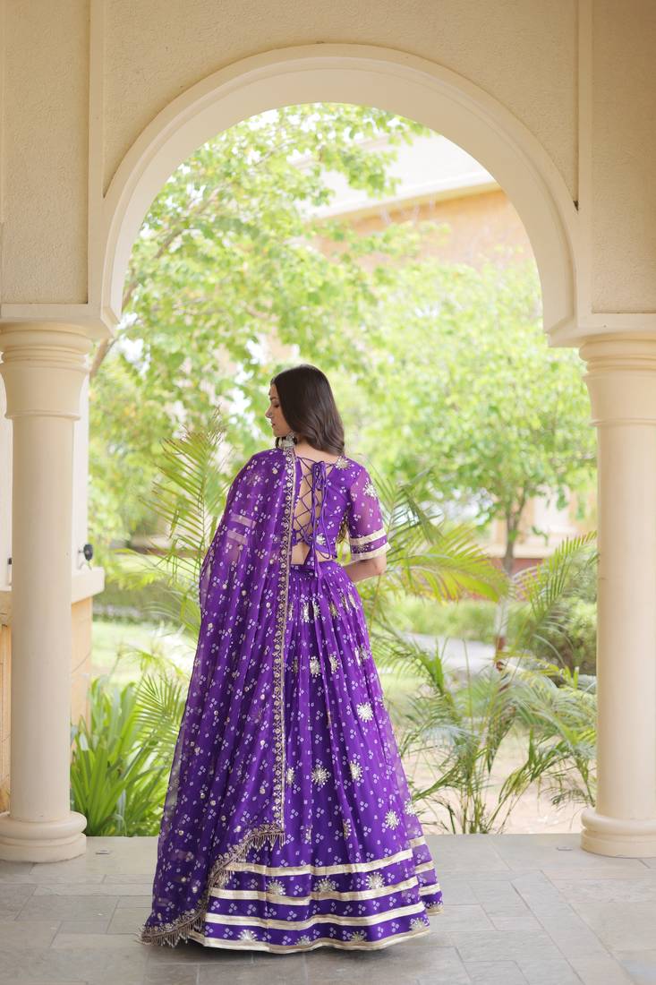 Violet Georgette Readymade Navratri Lehenga Choli with Bandhej & Embroidery Work