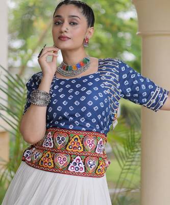 Blue&White Cotton Readymade Navratri Lehenga Choli with Bandhej & Embroidery Work 2