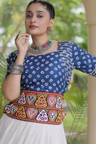 Blue&White Cotton Readymade Navratri Lehenga Choli with Bandhej & Embroidery Work