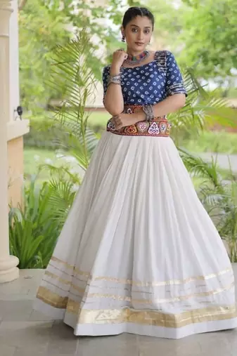 Blue&White Cotton Readymade Navratri Lehenga Choli with Bandhej & Embroidery Work