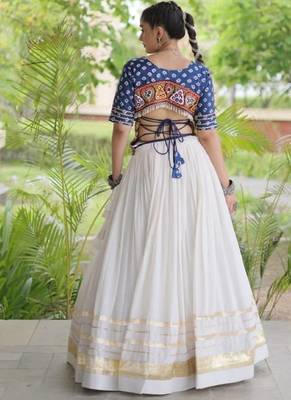 Blue&White Cotton Readymade Navratri Lehenga Choli with Bandhej & Embroidery Work 4