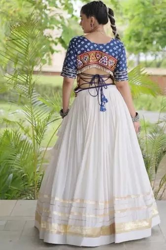 Blue&White Cotton Readymade Navratri Lehenga Choli with Bandhej & Embroidery Work