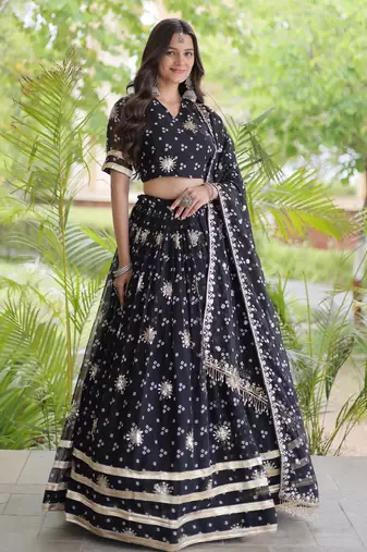 Black Georgette Readymade Navratri Lehenga Choli with Bandhej & Embroidery Work