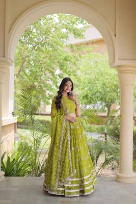 Olive Georgette Readymade Navratri Lehenga Choli with Bandhej & Embroidery Work 1