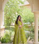 Olive Georgette Readymade Navratri Lehenga Choli with Bandhej & Embroidery Work