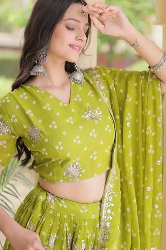 Olive Georgette Readymade Navratri Lehenga Choli with Bandhej & Embroidery Work