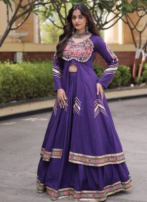 Violet Cotton Readymade Navratri Lehenga Choli with Gamthi Thread & Mirror Work 1